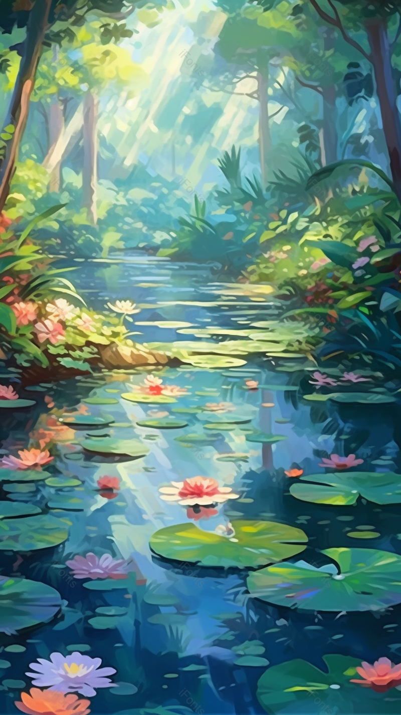 树林中小溪夏季山川节气绿色荷花荷叶池塘河流清澈清爽插画,插画/手绘图,插画/手绘图库,插画/手绘图下载,插画/手绘